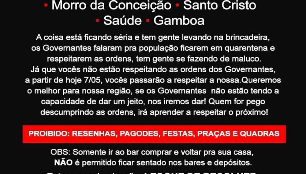Tráfico impõe toque de recolher e uso obrigatório de máscaras em favelas do Rio durante a pandemia